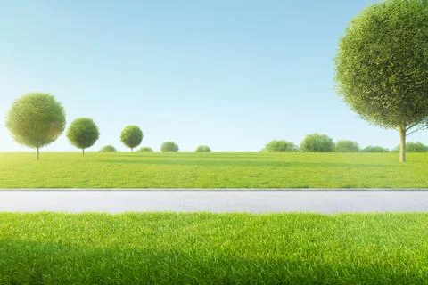 3d rendering of an empty road driving along a beautiful green landscape Stock Photos