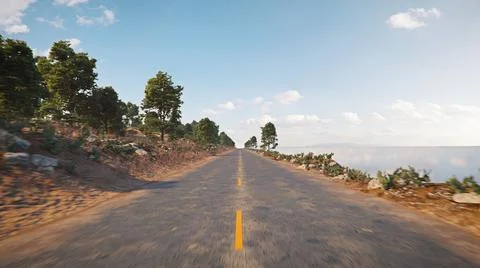 3D rendering of an empty road with trees and a sea on the side Stock Illustration