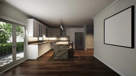 3D rendering of an empty room with a built-in kitchen. Video stock 204007771