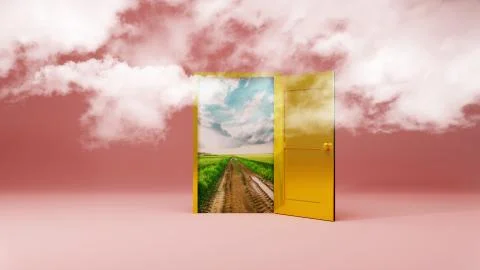 3d rendering the empty room with opened door. beautiful landscape with country r Stock Photos