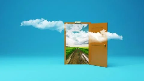 3d rendering the empty room with opened door. beautiful landscape with country r Stock Photos