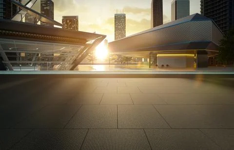 3D rendering empty square illuminating modern buildings at sunset in big ci.. Stock Photos