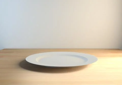 3d rendering empty white dish on a wooden table Illustrazione stock