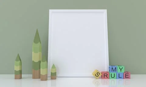 3D rendering of an empty wooden frame with pencils and wooden cubes Illustrazione stock