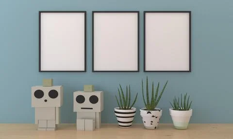 3D rendering of empty wooden frames with minimalistic home decor イラスト素材