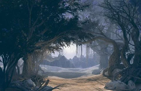 3d rendering of enchanted dark forest in the moonlight. Stock Illustration
