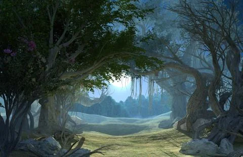3d rendering of enchanted dark forest in the moonlight. Stock Illustration