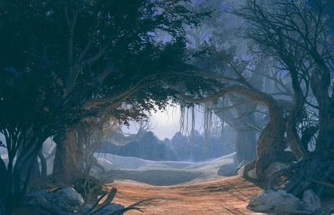 3d rendering of enchanted dark forest in the moonlight. イラスト素材