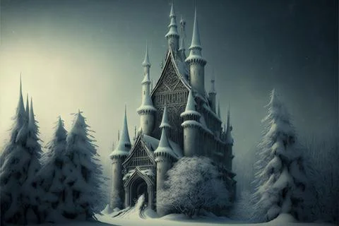 3D rendering of an enchanted fairy tale princess castle in winter. Stock Illustration