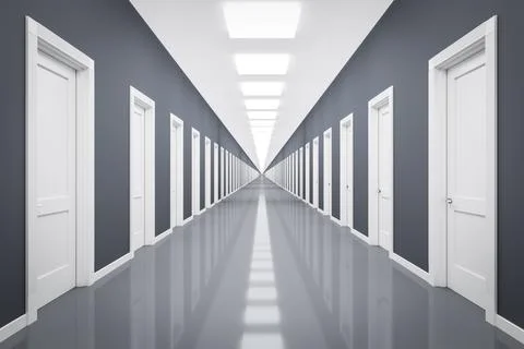 3d rendering of an endless corrior with lots of white doors Stock Illustration