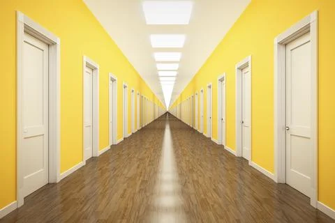3d rendering of an endless corrior with lots of white doors Stock Illustration