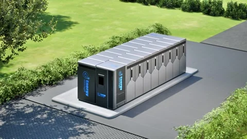 3d rendering energy storage system or battery container unit on green grass Stock Footage 330858664