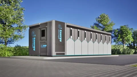 3d rendering energy storage system or battery container unit on green grass Stock Footage 330858667