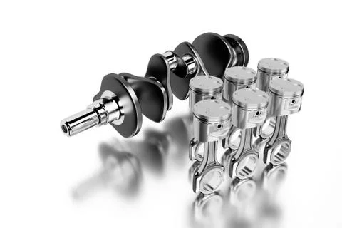 3D rendering. Engine bearing crankshaft with pistons and piston rings. Stock Illustration