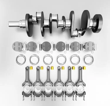 3D rendering. Engine bearing crankshaft with pistons and piston rings. Stock Illustration