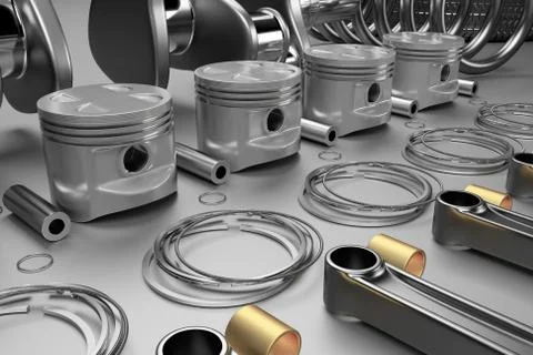 3D rendering. Engine bearing crankshaft with pistons and piston rings. イラスト素材