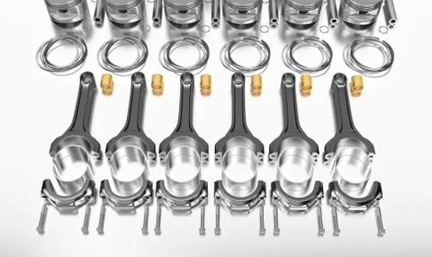 3D rendering. Engine bearing crankshaft with pistons and piston rings. Stock Photos