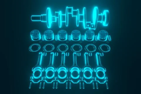 3D rendering. Engine bearing crankshaft with pistons and piston rings. Stock Photos