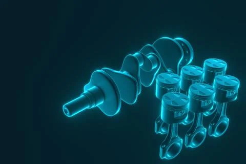 3D rendering. Engine bearing crankshaft with pistons and piston rings. Stock Photos