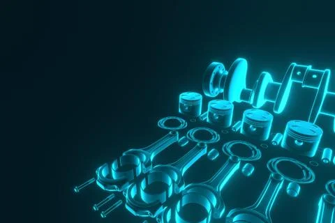 3D rendering. Engine bearing crankshaft with pistons and piston rings. Stock Photos
