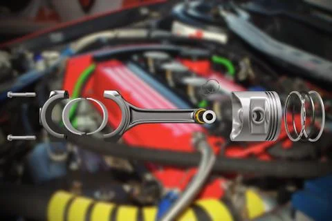 3D rendering. Engine piston with piston rings. Stock Photos