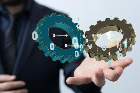 3d rendering of engineering gears connected with numbers floating above hands of Stock Photos