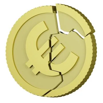 3D rendering of EU money coin with sign of euro currency shattered into pie.. Stock Illustration
