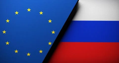 3D Rendering Of European Union Vs Russia Flag Concept Cloth Texture Stock Illustration