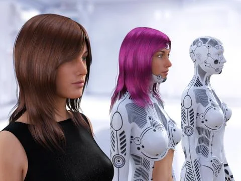 3D rendering of the evolution of female robots. Stock Illustration
