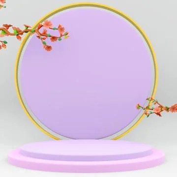 3d rendering exhibition with cherry blossoms display platform podium icon. 3d Stock Illustration