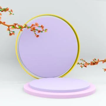 3d rendering exhibition with cherry blossoms display platform podium icon. 3d Illustrazione stock