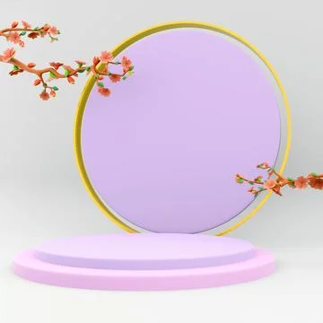 3d rendering exhibition with cherry blossoms display platform podium icon. 3d Stock Illustration