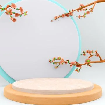 3d rendering exhibition with cherry blossoms display platform podium icon. 3d Stock Illustration