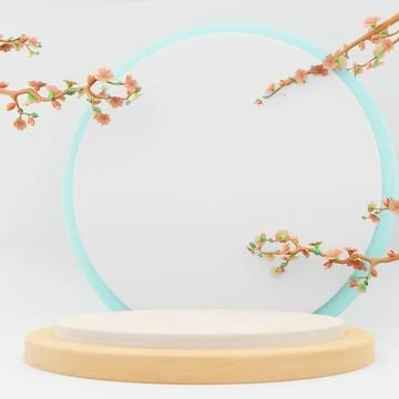 3d rendering exhibition with cherry blossoms display platform podium icon. 3d Stock-Illustration