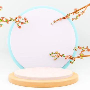 3d rendering exhibition with cherry blossoms display platform podium icon. 3d Stockillustratie