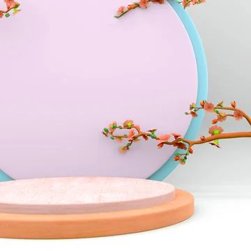 3d rendering exhibition with cherry blossoms display platform podium icon. 3d Stock Illustration