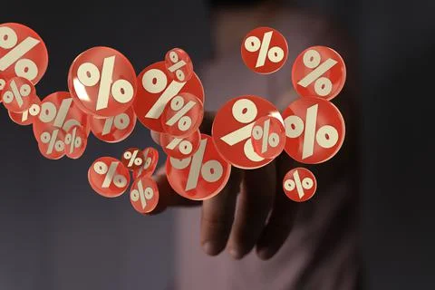 A 3d rendering of Exploding discount cubes with percent symbols with blurred  Stock Photos