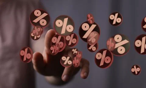 A 3d rendering of Exploding discount cubes with percent symbols in hand with  Stockfoto's