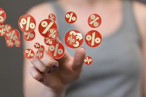 A 3d rendering of Exploding discount cubes with percent symbols in hand with  Stock Photos