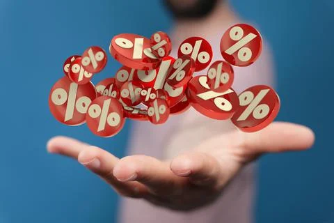 A 3d rendering of Exploding discount cubes with percent symbols in hand with  Stock Photos