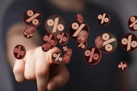 3D rendering of exploding discount cubes with percent symbols Foto stock