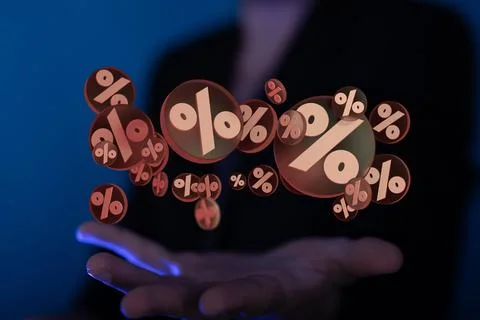 3D rendering of exploding discount cubes with percent symbols Stock Photos