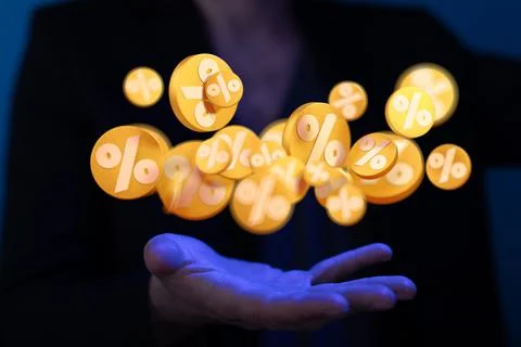 3D rendering of exploding yellow discount icons with percent symbols Stock Photos