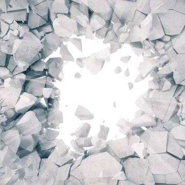 3d rendering, explosion, broken concrete wall, cracked earth, bullet hole Stock Illustration