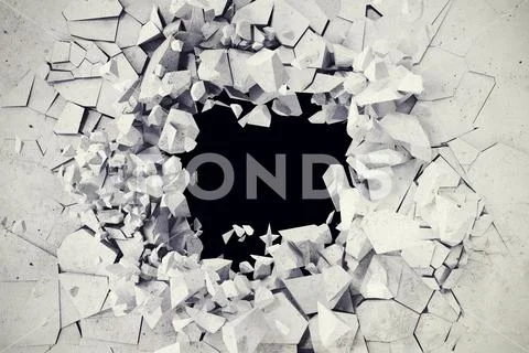 3d rendering, explosion, broken concrete wall, bullet hole, destruction Stock Illustration