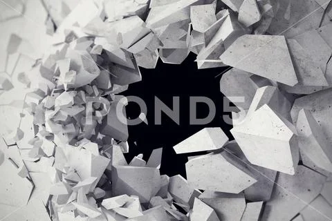 3d rendering, explosion, cracked concrete wall, bullet hole, destruction Stock Illustration
