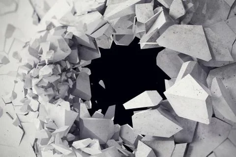 3d rendering, explosion, cracked concrete wall, bullet hole, destruction Illustrazione stock