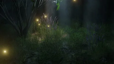 3d rendering of a fabulous forest with purple flowers and fireflies Stock Footage 168258726