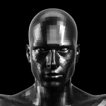 3D rendering. Faceted black robot face with black eyes looking front on camera. Stock Illustration