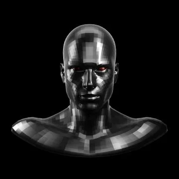 3D rendering. Faceted black robot face with red eyes looking front on camera. Stock Illustration